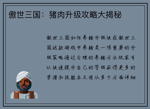 傲世三国：猪肉升级攻略大揭秘