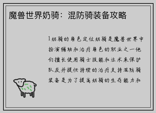 魔兽世界奶骑：混防骑装备攻略